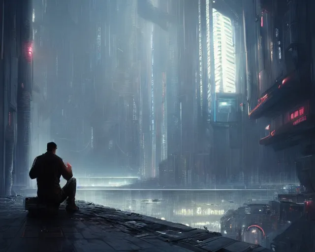 Image similar to sci fi cyberpunk fantasy art a man prays to the god of machines, by greg rutkowski ultrahd dark volumetric lighting hyper detailed unreal engine octane render