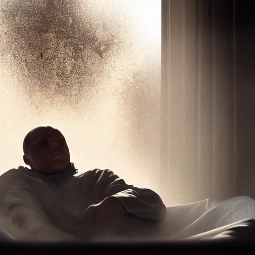 Image similar to close - up of a priest sleeping in a large clay pot, foggy, sun rays, cinematic shot, photo still from movie by denis villeneuve