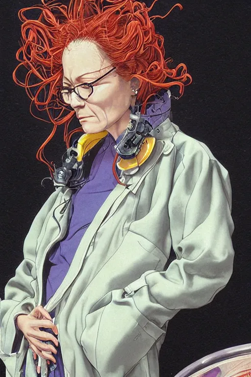 Prompt: zoom out portrait of mad lady scientist, illustration by katsuhiro otomo, brom, moebius concept art