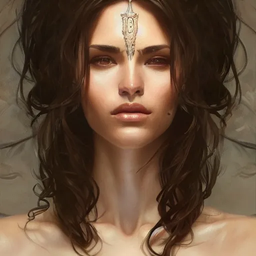 Image similar to Italian Supermodel, olive skin, long dark hair, beautiful bone structure, intricate, elegant, highly detailed, digital painting, artstation, concept art, smooth, sharp focus, illustration, art by artgerm and greg rutkowski and alphonse mucha