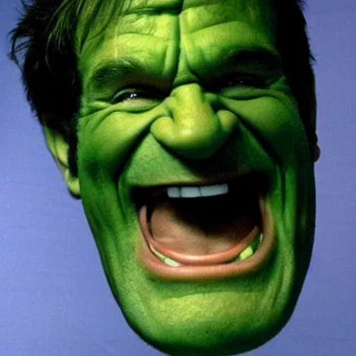 Image similar to robin williams as the hulk, smiling