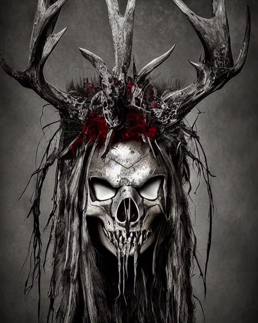 Image similar to deer - skull ghost - spirit of the grim - warpaint wears the scarlet skull armor and native blood headdress antlers, midnight fog - mist!, cinematic lighting, various refining methods, micro macro autofocus, ultra definition, award winning photo, photograph by ghostwave - gammell - giger - shadowlord