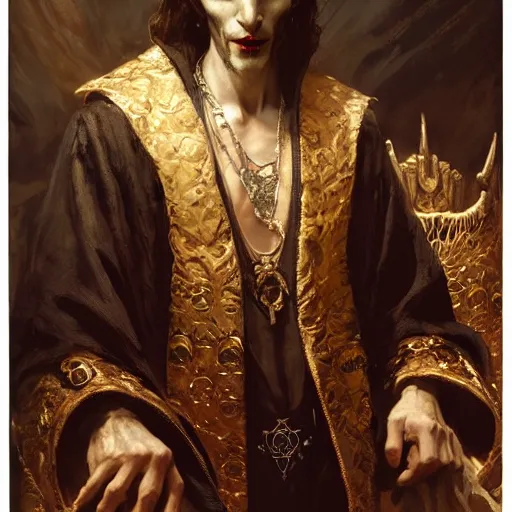 Image similar to perfectly centered portrait of attractive vampire king in a robe sitting on a throne of bones, highly detailed painting by gaston bussiere, craig mullins, j. c. leyendecker, 8 k