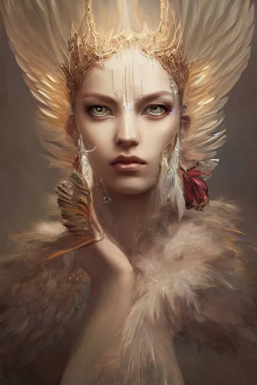 Prompt: face closeup of a beautiful model wearing feather mask, casting magic spell holding diamonds, angel, fantasy, dramatic lighting, highly detailed, digital painting, holding electricity, magic the gathering, hyper detailed, 3 d render, hyper realistic detailed portrait, peter mohrbacher, wlop, ruan jia