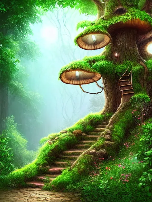 Prompt: professional digital art detailed forest tree with door and stairs, magical forest flowers mushrooms cgsociety wlop behance by pixiv