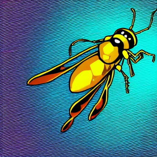 Image similar to man that resembles a wasp morh in surreal sketch style, blue and yellow gradient, noise, ultrafine detail, hd 8k, logo illustration
