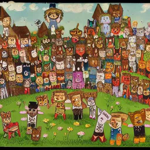 Prompt: louis wain's bachelor party with minecraft villagers instead of cats. high detail.