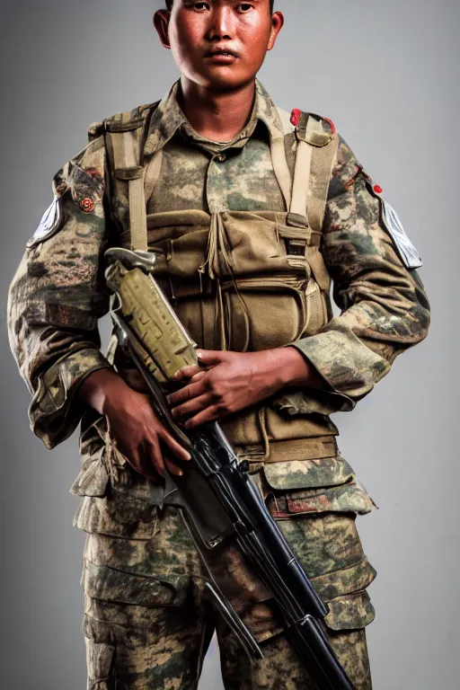 Image similar to a full body photograpah of a burmese rebel soldier, close up photography, f / 2 0, 3 5 mm, 4 k, 8 k, studio lighting, award winning photography