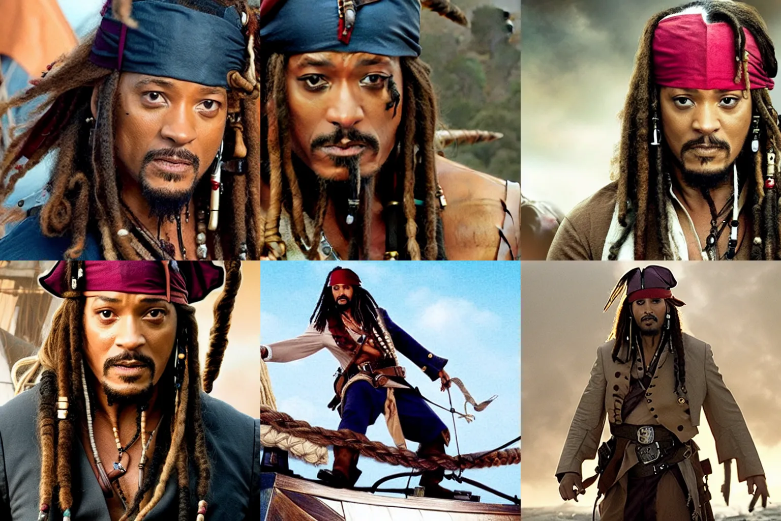 Prompt: A still of Will Smith as Captain Jack Sparrow