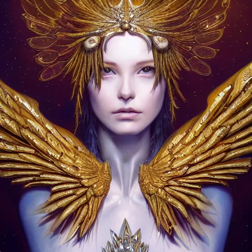 Image similar to a beautiful angel with a golden helmet wearing a silver armor with golden ornaments and diamonds jewelry, wings by alex gray and android jones, karol bak, ayami kojima, amano, concept art, character design, fantasy, 3 d, 8 k resolution