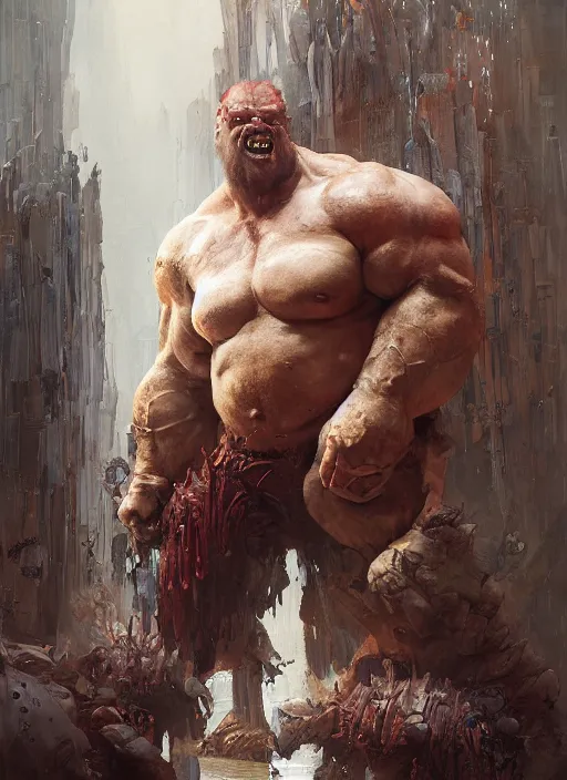 Image similar to huge hulking brute demon king wide shoulders, vascular hands, muscular arms, wearing cape sitting on throne in science fiction hall, by sergey kolesov and lawrence alma tadema and norman rockwell and greg staples and craig mullins and john berkey and ruan jia, artstation creature art