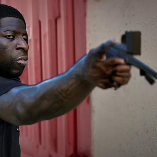 Image similar to angry gucci mane shooting and terrorizing people in the hood, 8k resolution, full HD, cinematic lighting, award winning, anatomically correct