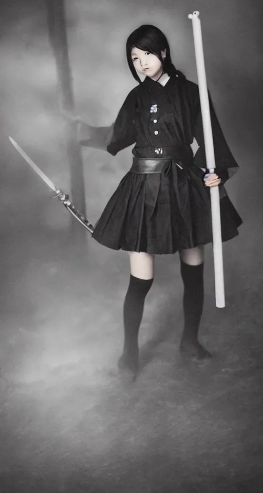 Image similar to sukebon delinquent girl holding a samurai sword threateningly, stubborn facial expression, full body shot, schoolgirl uniform with a very long skirt, professional photography, foggy night on a neon japanese city street