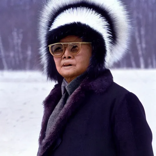 Image similar to filmstill of Kim Jong-il wearing a furry chapka and playing the role of Omar Sharif in Doctor Zhivago by David Lean, 1965, cinemascope, Eastman Color Negative 50T 5251 Neg. Film, epic romance