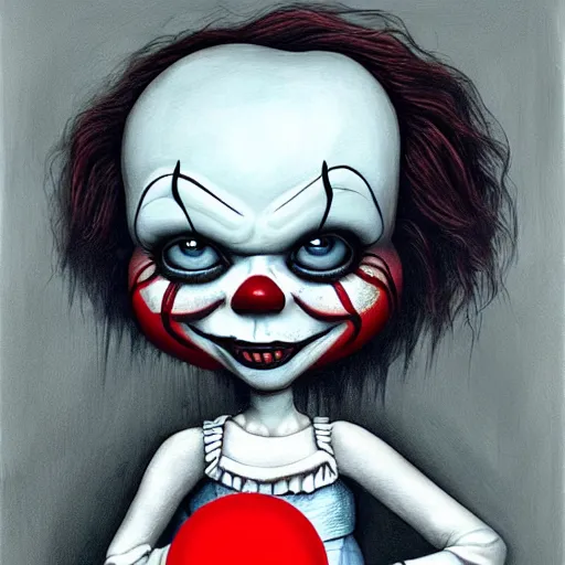 Prompt: grunge painting of anabelle with a wide smile and a red balloon by chris leib, loony toons style, pennywise style, corpse bride style, horror theme, detailed, elegant, intricate