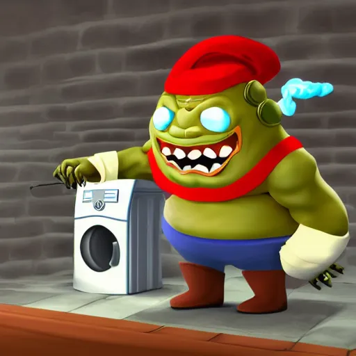Image similar to boogerman doing his laundry, cgi render, cartoon, soft colors, simple