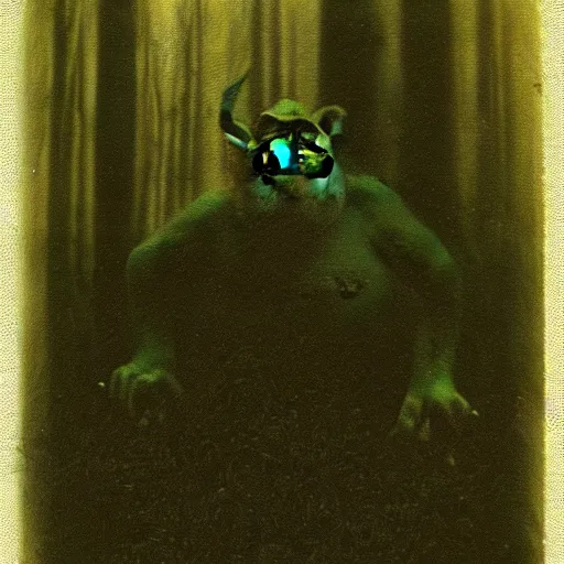 Image similar to old polaroid photo of creepy shrek staring from the depths of the dark gloomy forest, art by beksinski, bernie wrightson, john carpenter, creepy pasta, photorealistic, grainy, found footage, old film, low quality, horror, creepy, unsettling, terrifying