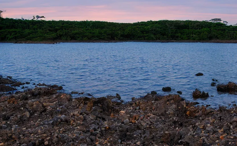 Prompt: wide picture at sunset of bathtub island at katherine's cove