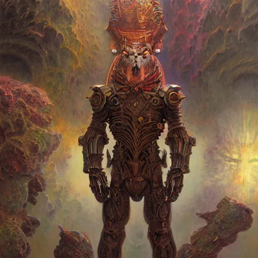 Image similar to anthropomorphic wolf, bismuth rainbow metal armor, standing, cementary, fantasy 3 d render, masterpiece, red aura, by donato giancola and greg rutkowski and wayne barlow and zdzisław beksinski, realistic face