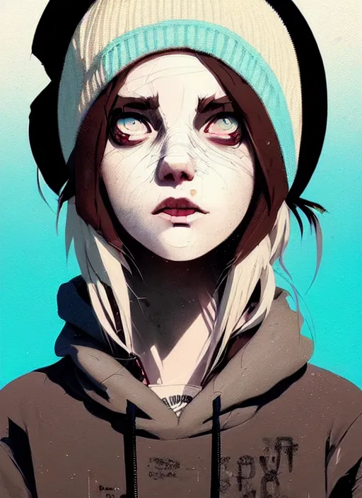 Prompt: highly detailed closeup portrait of a sewer punk lady student, beanie, tartan hoodie, white hair by atey ghailan, by greg rutkowski, by greg tocchini, by james gilleard, by joe fenton, by kaethe butcher, gradient, blue, black, brown and cream color scheme, grunge aesthetic!!! white graffiti tag wall background