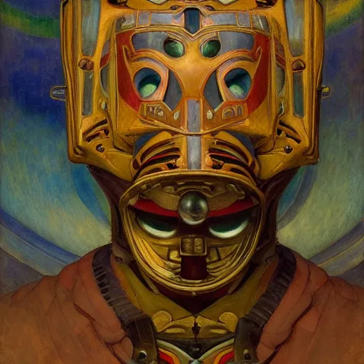 Prompt: masterpiece painting of a robot cat head mask, by annie swynnerton and diego rivera and nicholas roerich and jean delville, symbolist, dramatic lighting, god rays, elaborate geometric ornament, art brut, rich colors, smooth, sharp focus, extremely detailed, adolf wolfli and ( donato giancola )