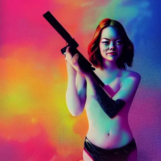 Prompt: Emma Stone with gun swimming in chromatic distortions in misty mysterious place, beautiful, psychedelic, lsd, trending on artstation, omnious, soft, artwork by Tran, Ross