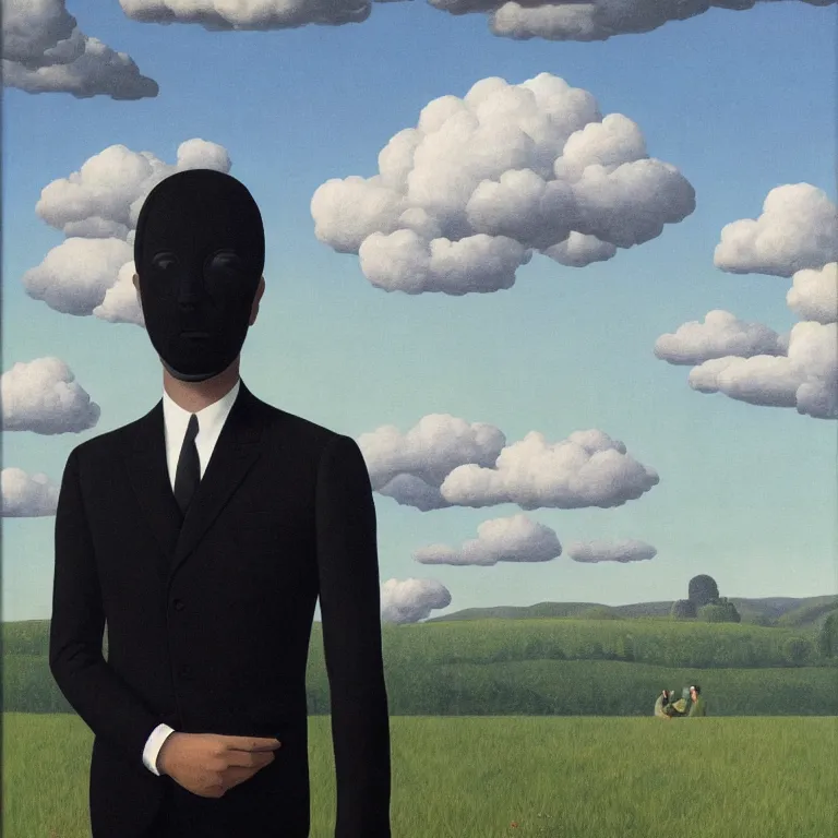 Image similar to portrait of a faceless reflective chrome - head man in a suit and black gloves, clouds and nature landscape in the background, by rene magritte, detailed painting, distance, centered, hd, hq, high resolution, high detail, 4 k, 8 k