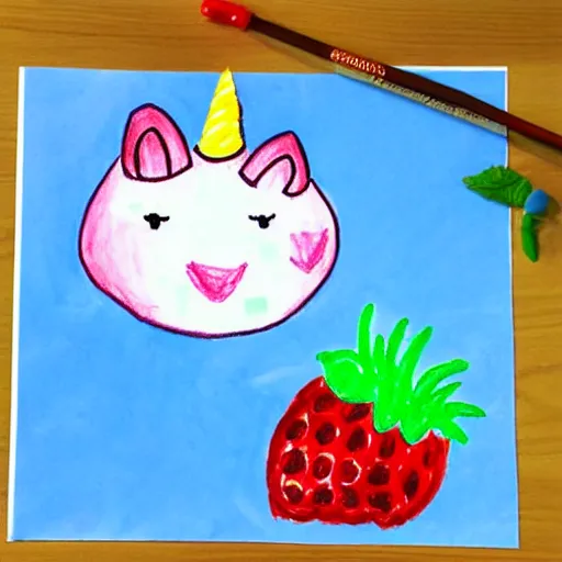 Image similar to kindergartener's drawing of a unicorn holding a raspberry in a hat, very colorful, light blue background