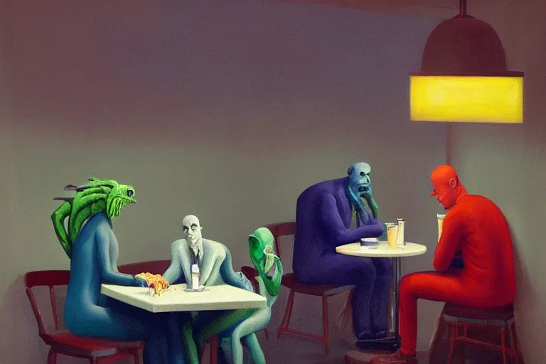 Image similar to hideous terrifying ghastly foul cronenberg monsters relaxing at a cafe. ( a waiter is pouring coffee. one monster is reading a newspaper. painting by edward hopper, 3 d rendering by beeple, 8 k, comfy wretched mutants )