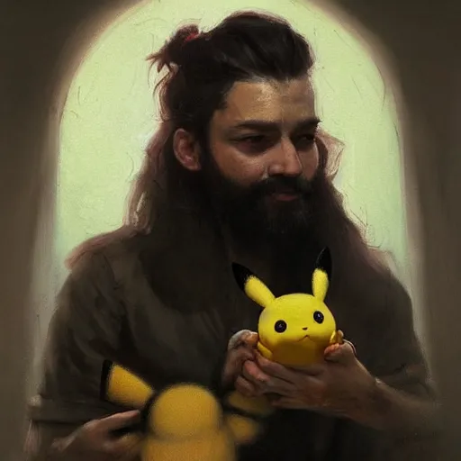 Prompt: a beautiful painting dramatic portrait of a young man with long hair tied in a bun and black beard holding a baby pikachu by greg rutkowski and rembrandt, featured on artstation