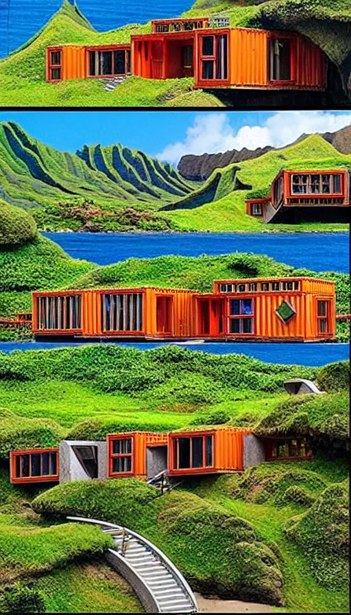 Image similar to hobbit monastery on hawaii, shipping containers emerging from hillside, prefab mini homes, by Ivan Bilibin, Lisa Frank