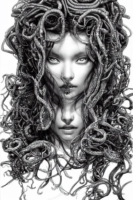 Prompt: Portrait of Medusa, pen and ink, intricate line drawings, by Yoshitaka Amano, Ruan Jia, Kentaro Miura, Artgerm