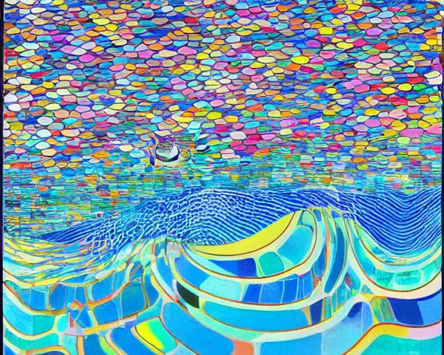 Image similar to Ocean waves in a psychedelic dream world. David Hockney. Takashi Murakami. Minimalist.