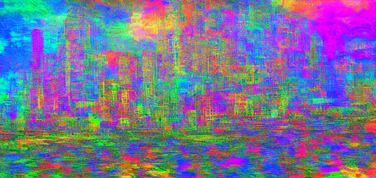 Image similar to a psychedelic city in the style of claude monet, digital art.