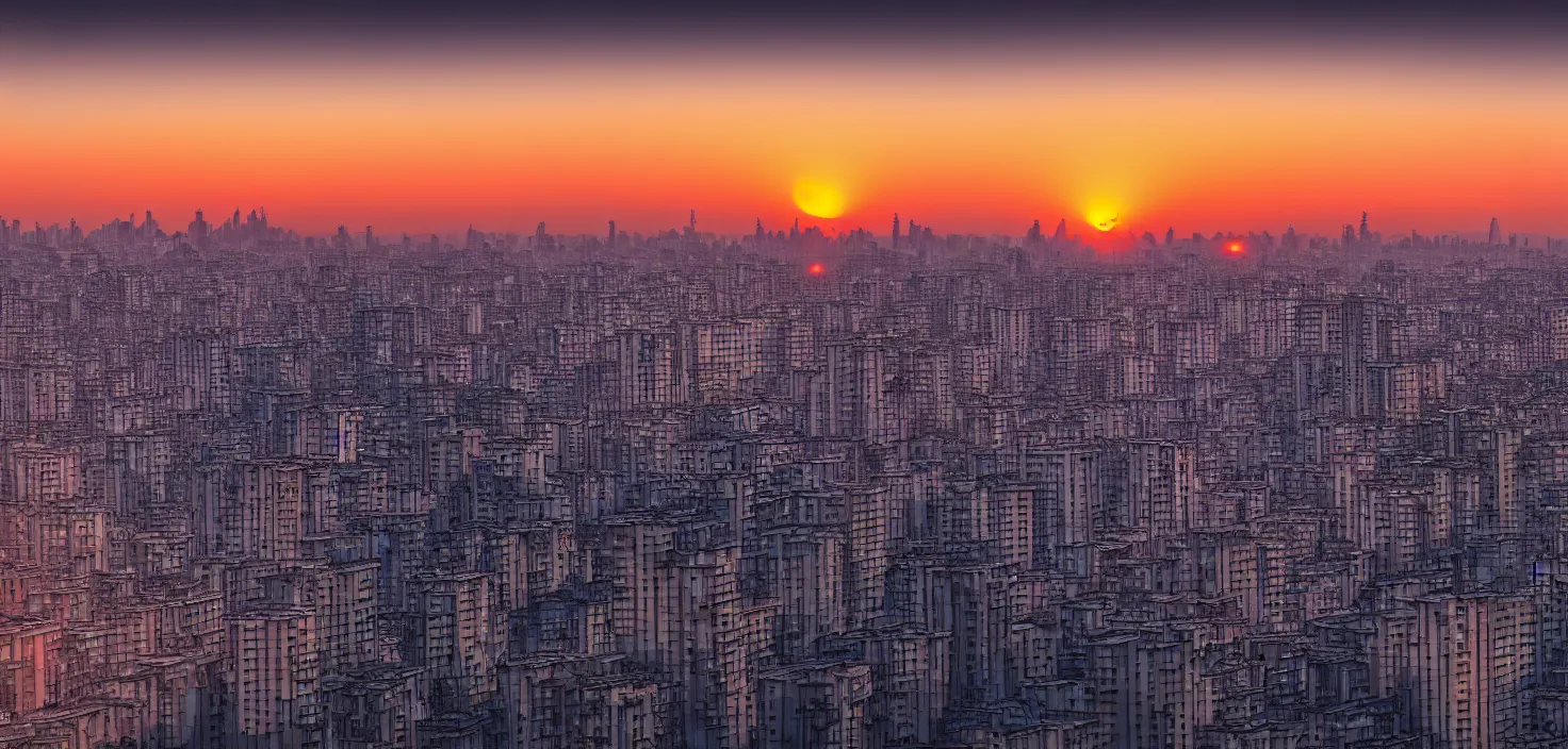 Image similar to studio ghiblli city, sunrise, 8 k denoised, high detail