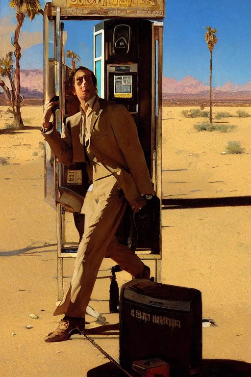 Image similar to saul goodman at a lonely!!!! pay phone in the desert!!!!, painting by'phil hale '!!! gaston bussiere, craig mullins, greg rutkowski, alphonse mucha,