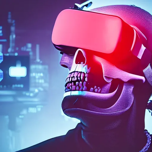 Image similar to a skull with a vr headset in a cyberpunk aesthetic, 4 k, with the exact words pixel written on the headset