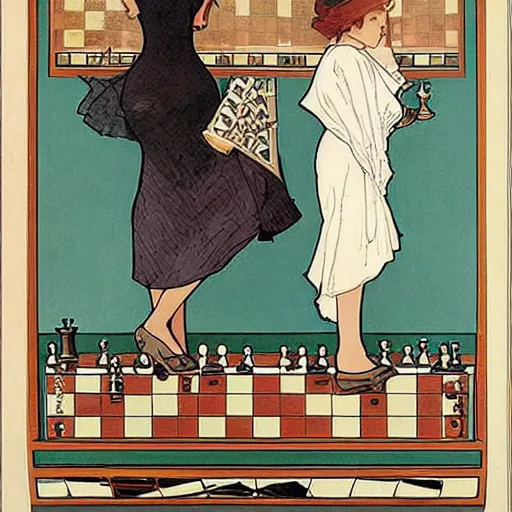 Image similar to two young edwardian women playing chess, in the style of mucha