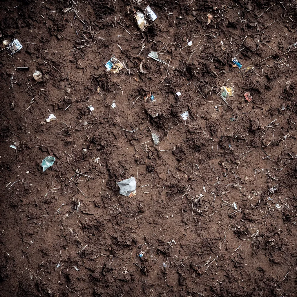 Prompt: a high camera topdown picture of nightmare horror dirt with trash, bricks, roots and mud. dark.