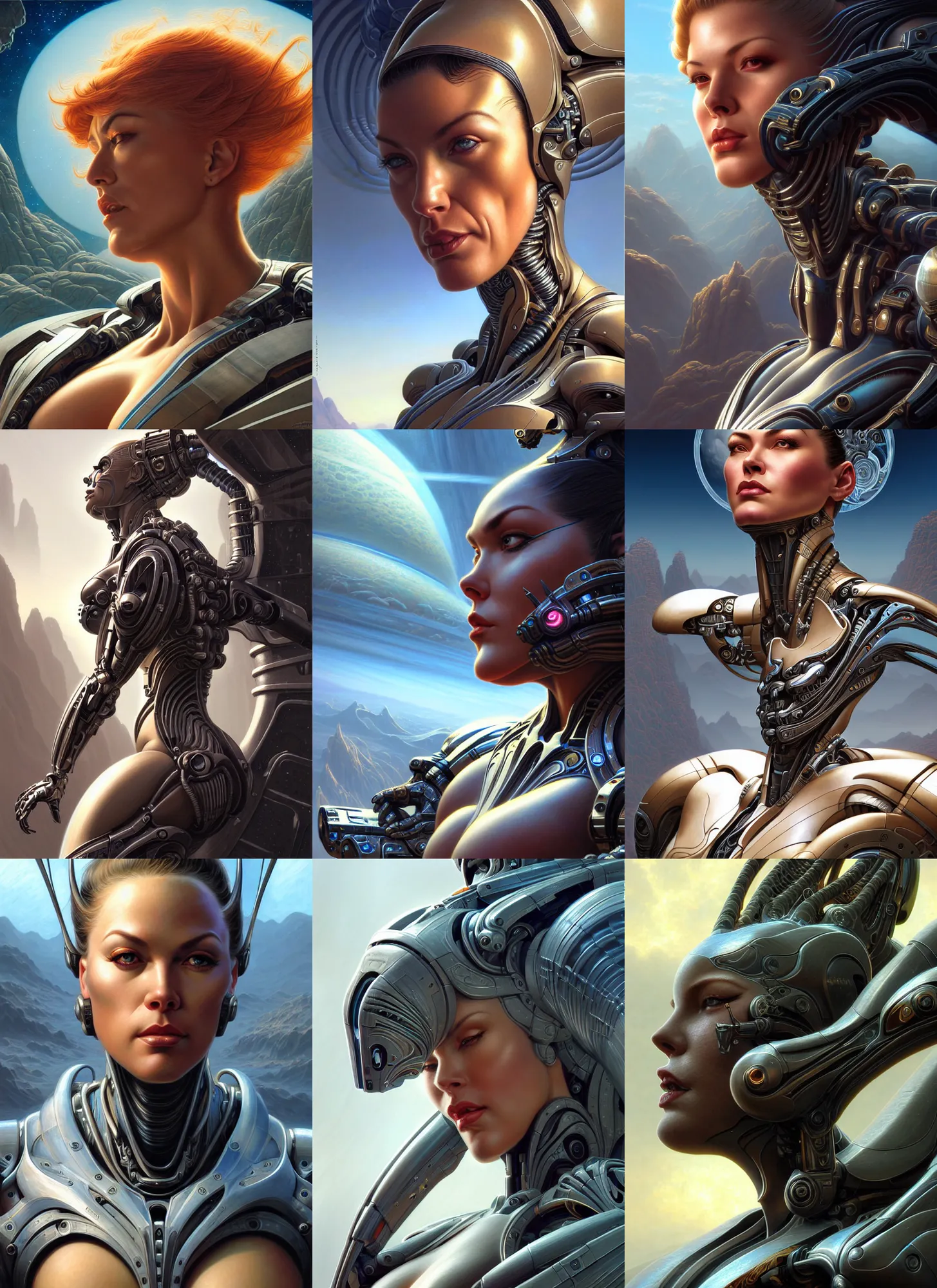 Prompt: closeup portrait shot of a large strong female biomechanic woman in a scenic scifi environment, intricate, elegant, highly detailed, centered, digital painting, artstation, concept art, smooth, sharp focus, warframe, illustration, hajime sorayama, gil elvgren, clyde caldwell, gerald brom, craig mullins, ferdinand knab