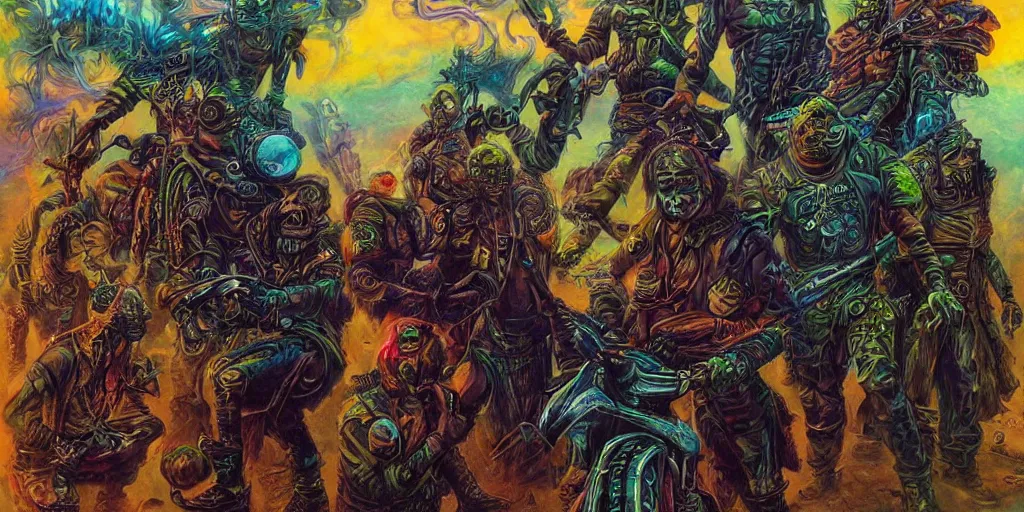 Image similar to psychedelic post apocalyptic orc biker gang, sharp focus, psychedelic colors, michael whelan, boris vallejo