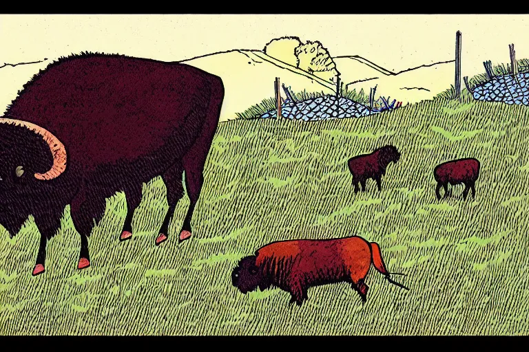 Image similar to a detailed illustration of a buffalo drinking red wine in a vineyard by a barn. by bill watterson and bob ringwood