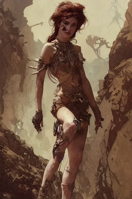 Image similar to a full body portrait of a beautiful post apocalyptic offworld desert savage rogue in ballet pose by the emerald oasis pools, intricate, elegant, highly detailed, digital painting, artstation, concept art, smooth, sharp focus, illustration, art by krenz cushart and artem demura and alphonse mucha