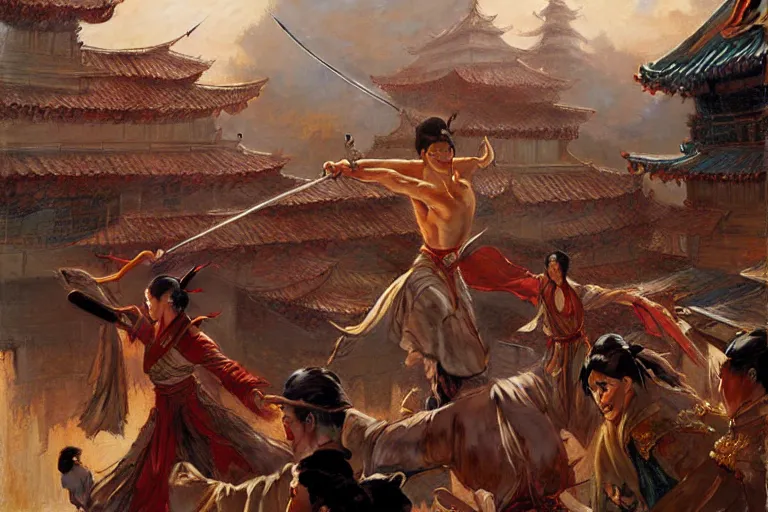 Image similar to wuxia, fight on the roof, painting by gaston bussiere, craig mullins, j. c. leyendecker