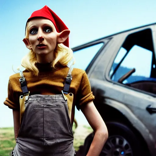 Image similar to a skinny female high-fantasy elf with a long face narrow chin and spiky blonde hair wearing dark brown overalls and holding a bomb next to a destroyed car, gel spiked blond hair, small ears, narrow lips, high resolution film still, HDR color