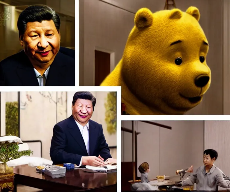 Image similar to hyperrealism movie still photography of real detailed high xi jinping with detailed face smoking detailed weed in detailed basement bedroom with high winnie the pooh hyperrealism photography by araki nobuyoshi