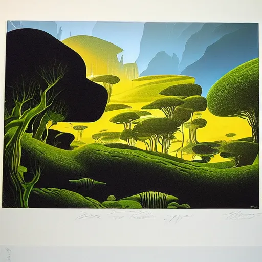 Prompt: painting of a lush natural scene on an alien planet by eyvind earle. magical realism. beautiful landscape. weird vegetation. cliffs and water.