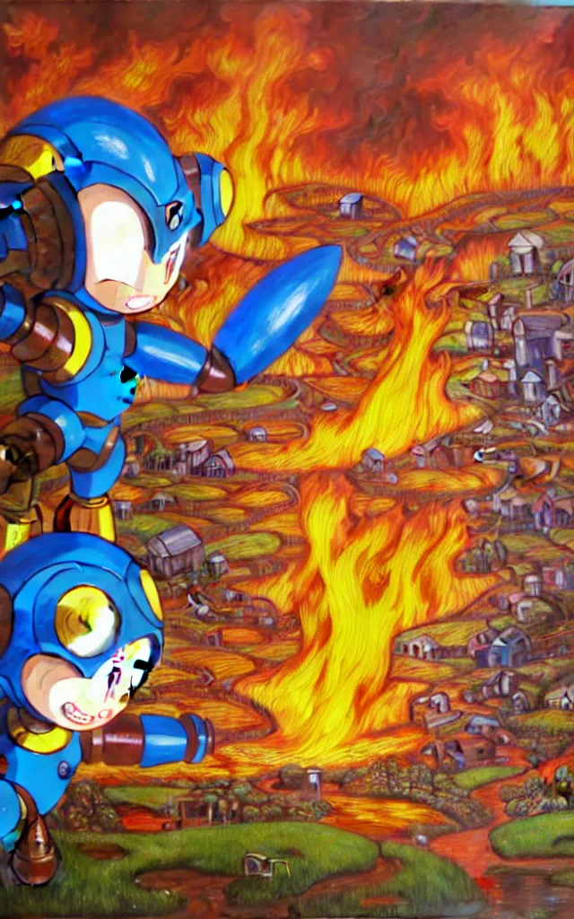 Prompt: wide view of a farm ,reflections of fire on eye, fantasy, intricate, richly detailed colored 3D illustration of a megaman happy and curious. background with completely rendered reflections, art by Range Murata and Artgerm highly detailed, digital painting, trending on artstation, sharp focus, D&D, illustration, style of Stanley Artgerm, perfect smile vogue, awards, model,