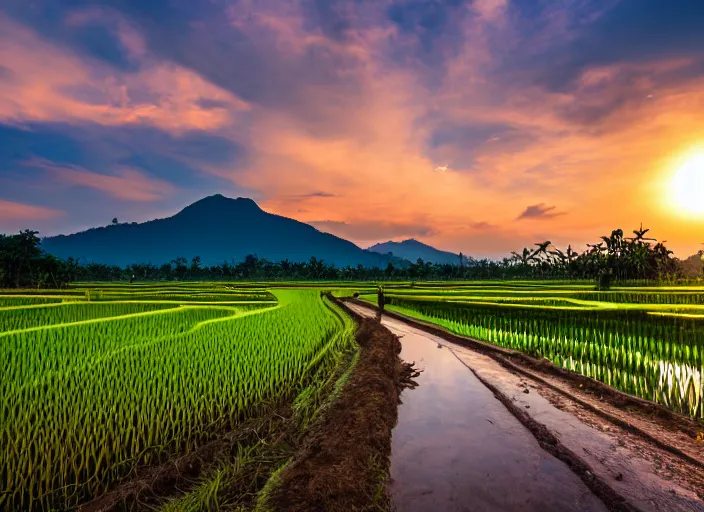 Image similar to a road between rice paddy fields, two big mountains in the background, big yellow sun rising between 2 mountains, indonesia travel photo