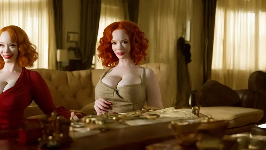 Image similar to a very happy beautiful Christina Hendricks in the living room, film still from the movie directed by Denis Villeneuve with art direction by Salvador Dalí, wide lens